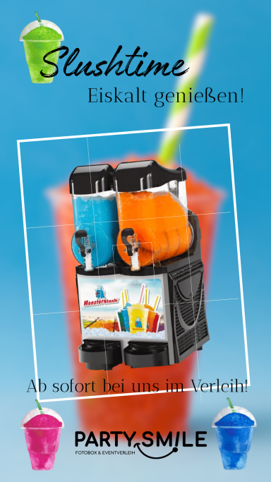Bunte Slush-Eis-Getränke mit Strohhalm und Partyutensilien. Slogan: "Eiskalt genießen!"