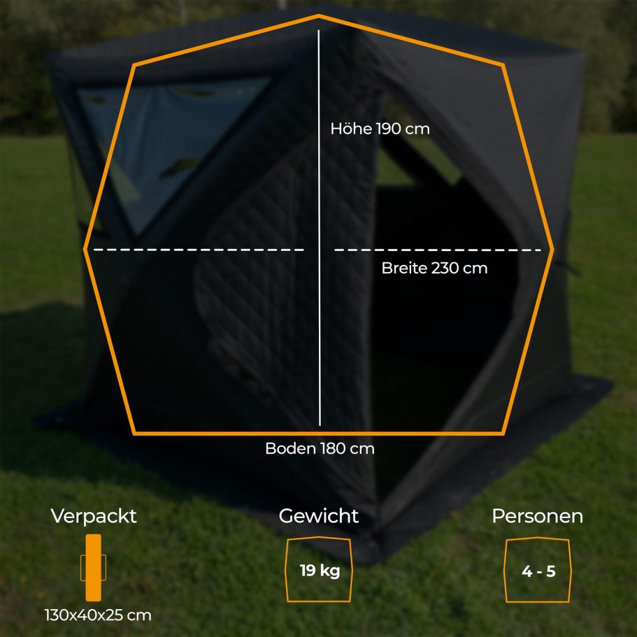 Zelt mit hexagonaler Form, 210 cm hoch, 180 cm breit, für 4 bis 5 Personen, Gewicht 19 kg.