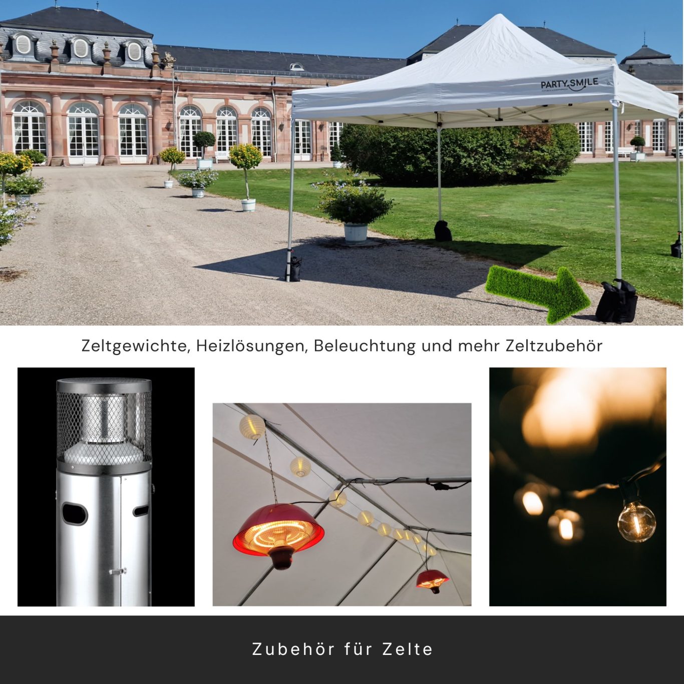 Zubehör für Partyzelte Ein Pavillon im Freien, umgeben von gepflegten Grünflächen und dekorativen Lichtern.