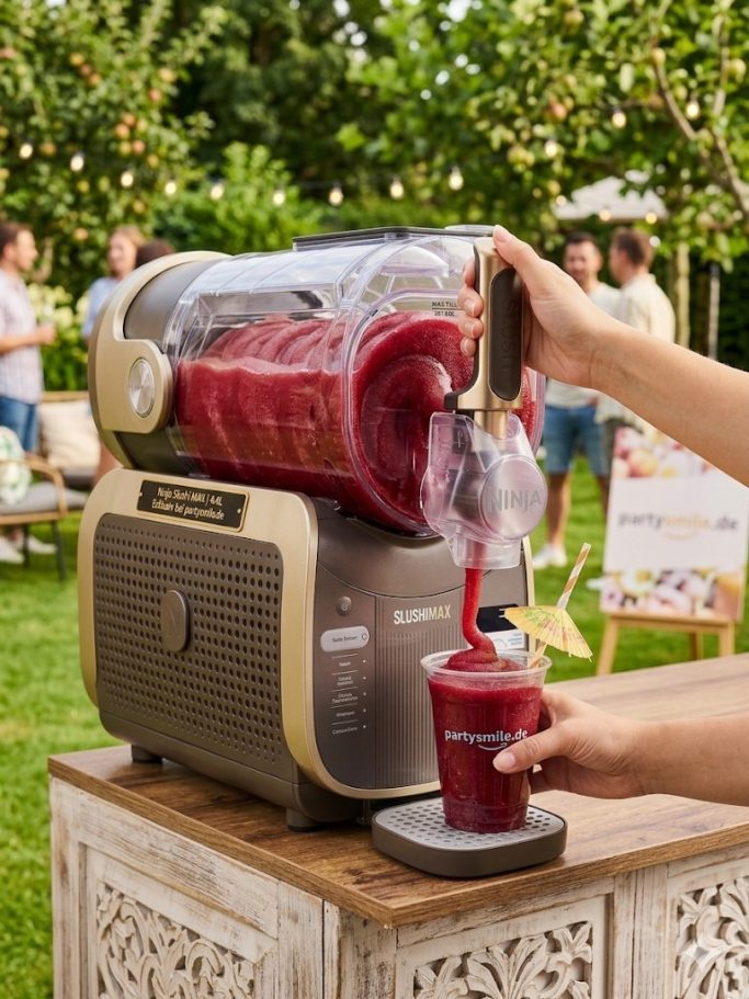 Ein Smoothie-Maker mit roten Getränken wird draußen verwendet.
