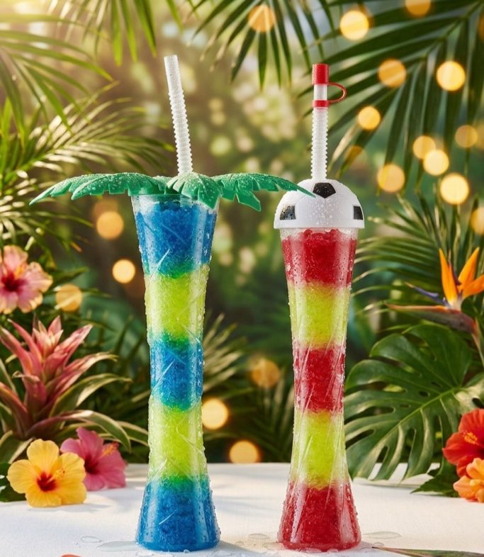 Zwei bunte Cocktails in hohen Gläsern mit Palmen- und Piratendekoration.