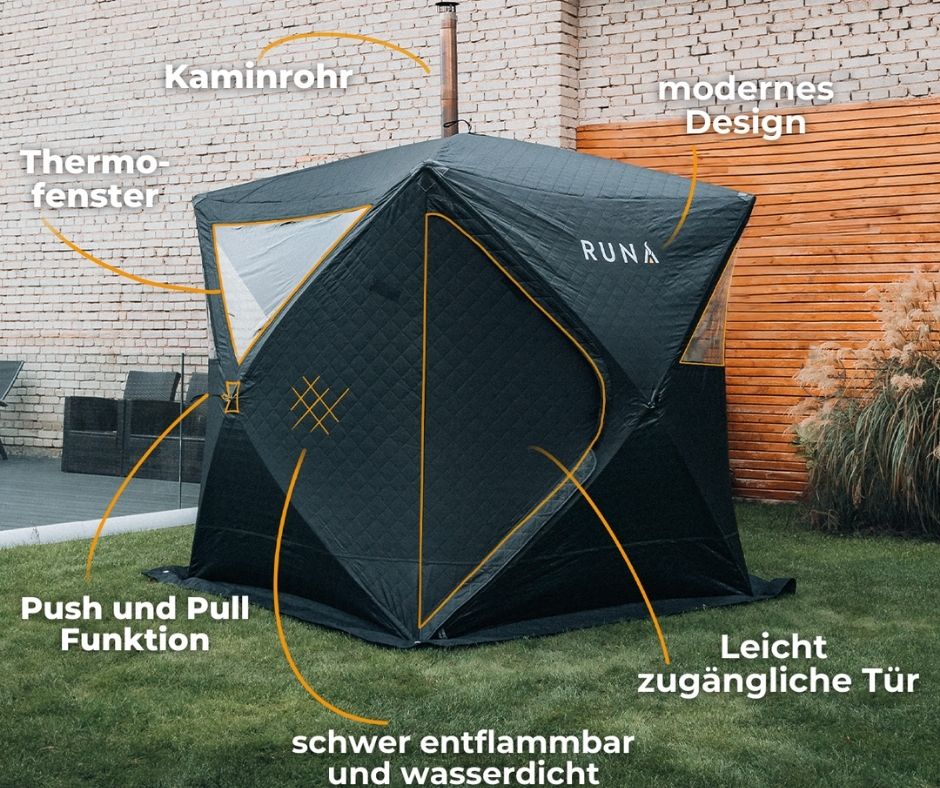 Vorteile Modulares Zelt mit Thermofenster, leicht zugänglicher Tür und moderner Gestaltung.