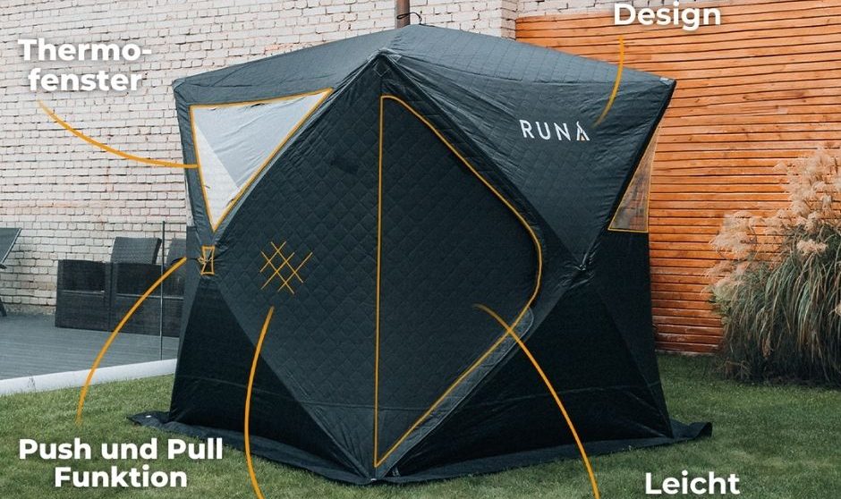 Ein schwarzes, leichtes Zelt mit Thermofenster und Push-Pull-Funktion.