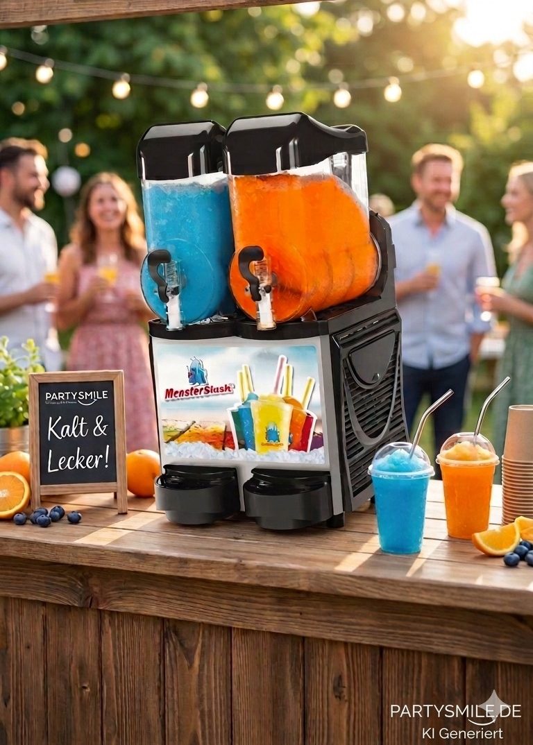Professionelles Stimmungsbild einer Monster Slush Maschine (KI-generiert) für Eventverleih Party Smile