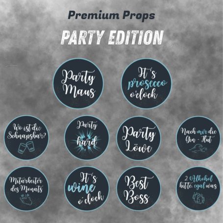 Premium Props Kreisförmige Designs mit Party-Themen und handgeschriebenen Schriftzügen.