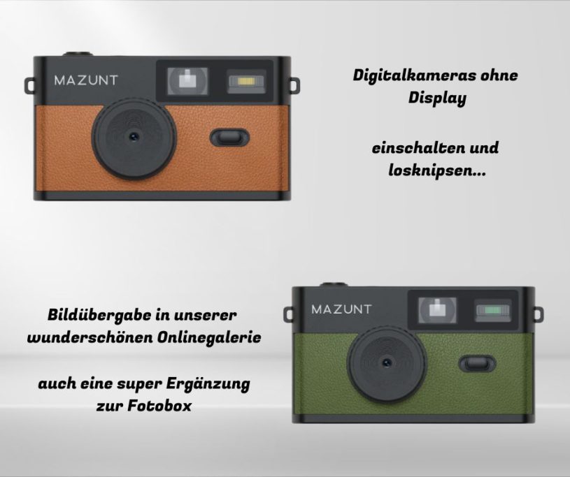 Digitalkamera ohne Display in Braun und Grün mit Text über Funktionen und Vorteile.