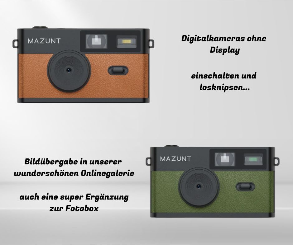 Digitalkamera Digitalkameras ohne Display in Braun und Grün, mit Bilderspeicheroption.