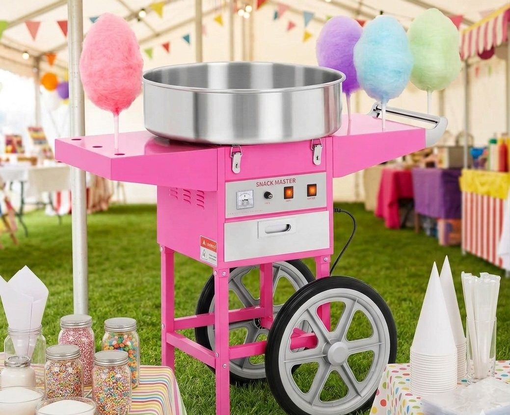 Ein pinker Zuckerwattemaker auf einem grünen Festivalboden.