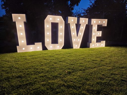 Große, beleuchtete Buchstaben formen das Wort "LOVE" auf einer grünen Wiese.